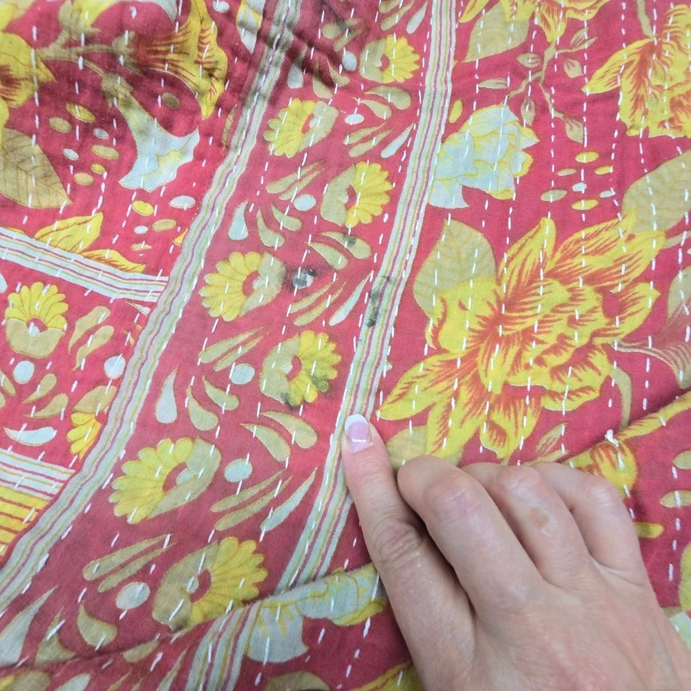Kantha Throw Blanket Pink Yellow 52x43 Reversible Floral Geometric Boho‎ Cottage